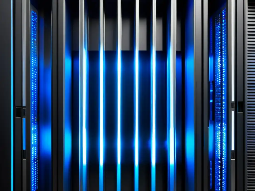 Despliegue de aplicaciones en Linux: Imagen de un elegante rack de servidores con luces LED azules, cables organizados y diseño futurista