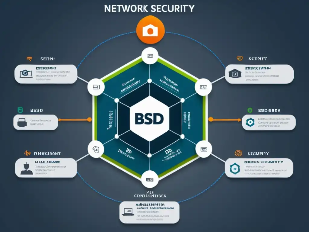 Detallada arquitectura de seguridad de red para BSD, con prevención de malware y sofisticación tecnológica