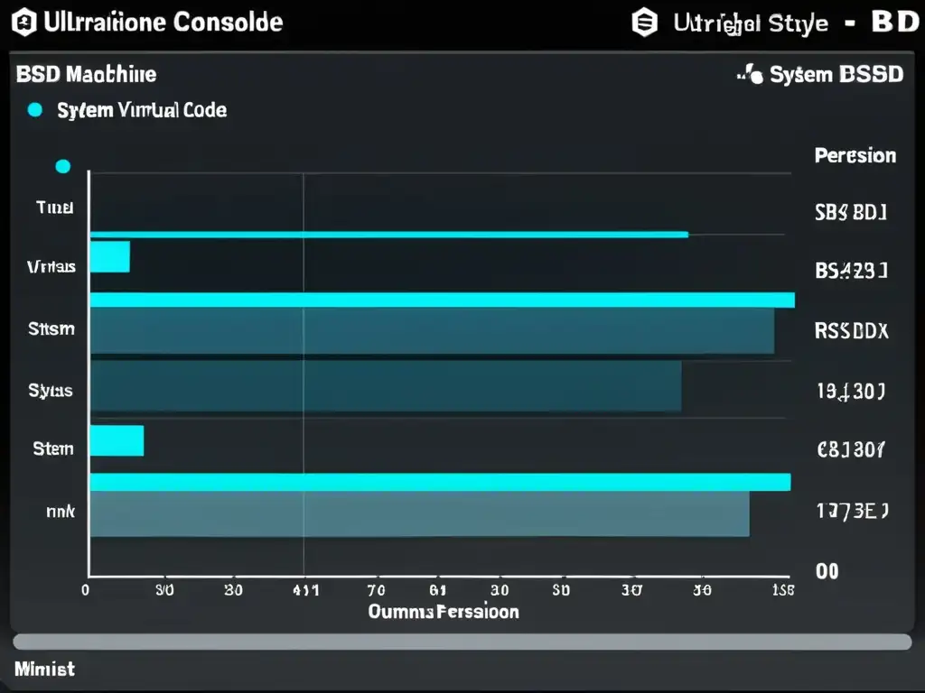 Una fotografía detallada de la consola de una máquina virtual en un sistema BSD, mostrando líneas de código, métricas de rendimiento y estados de red