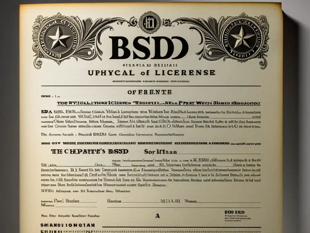 Una detallada imagen en alta resolución de la licencia BSD, con textura de papel envejecido y pliegues visibles