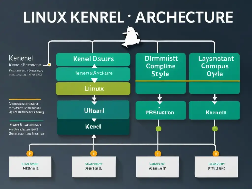 Detallada imagen de alta resolución de la estructura del kernel de Linux, presentada de forma educativa y visualmente atractiva