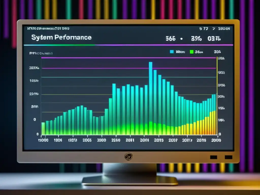 Detallada imagen de un monitor con gráfico de rendimiento del sistema en BSD, con líneas y puntos de datos coloridos