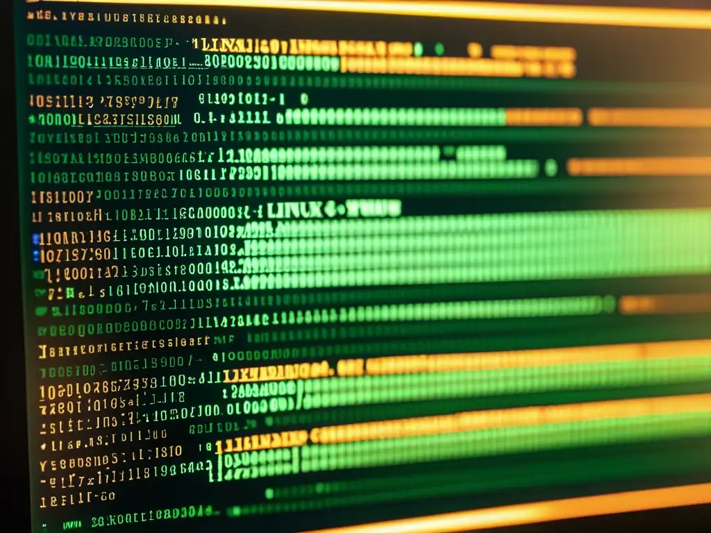 Detallada imagen de pantalla de código del núcleo de Linux, con colores destacados, reflejo suave y atmósfera profesional