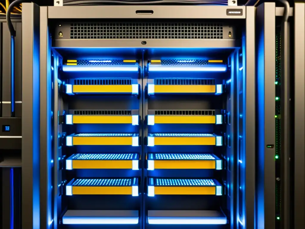 Rack de servidor Linux: Detalles impresionantes Detallada imagen de un rack de servidores Linux, con cables, luces parpadeantes y ventiladores