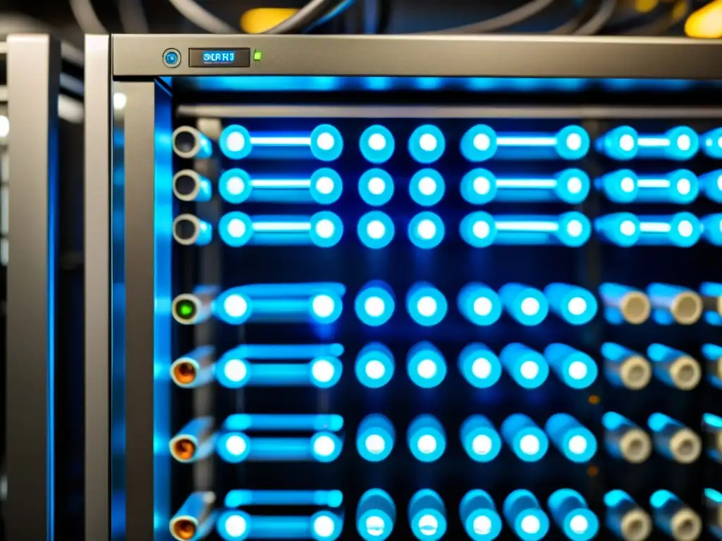 Detallada imagen de un rack de servidores ordenado, con luces parpadeantes y cables organizados, en un centro de datos bien iluminado