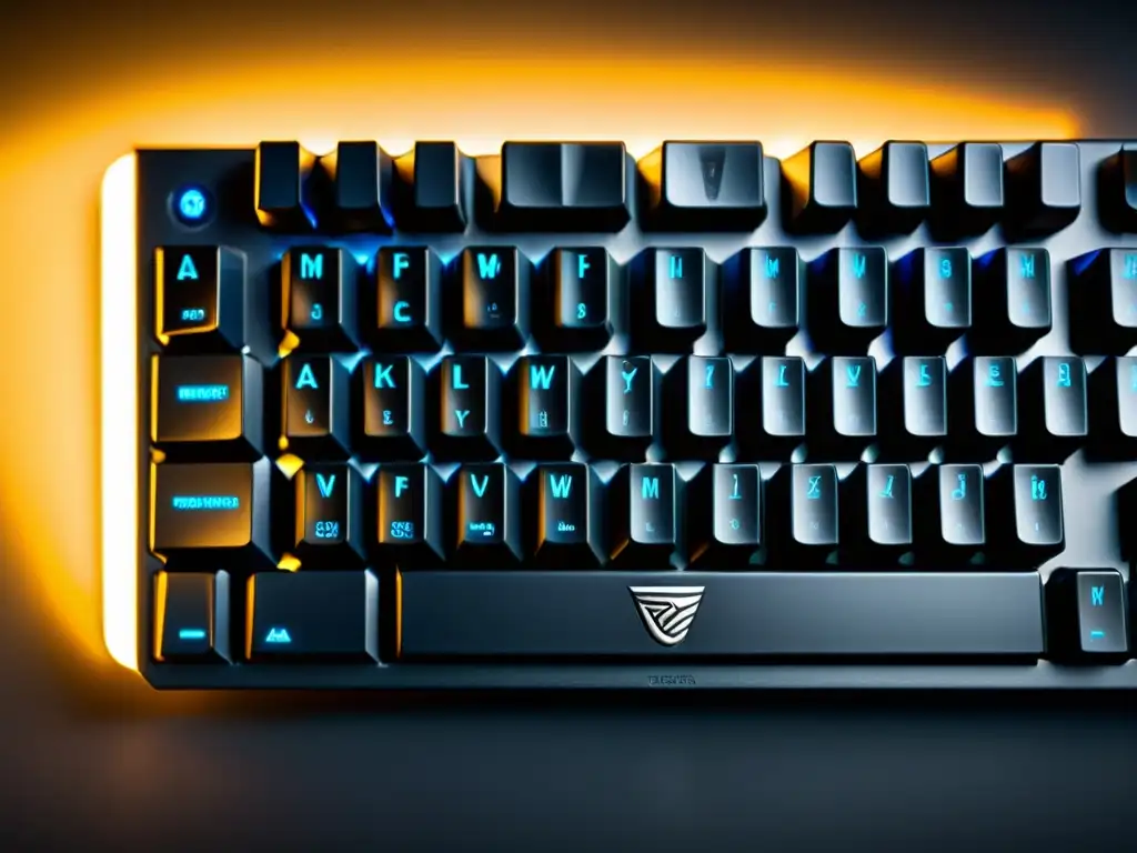 Detallada imagen de un teclado mecánico negro con teclas personalizadas, iluminación sutil y switches de precisión