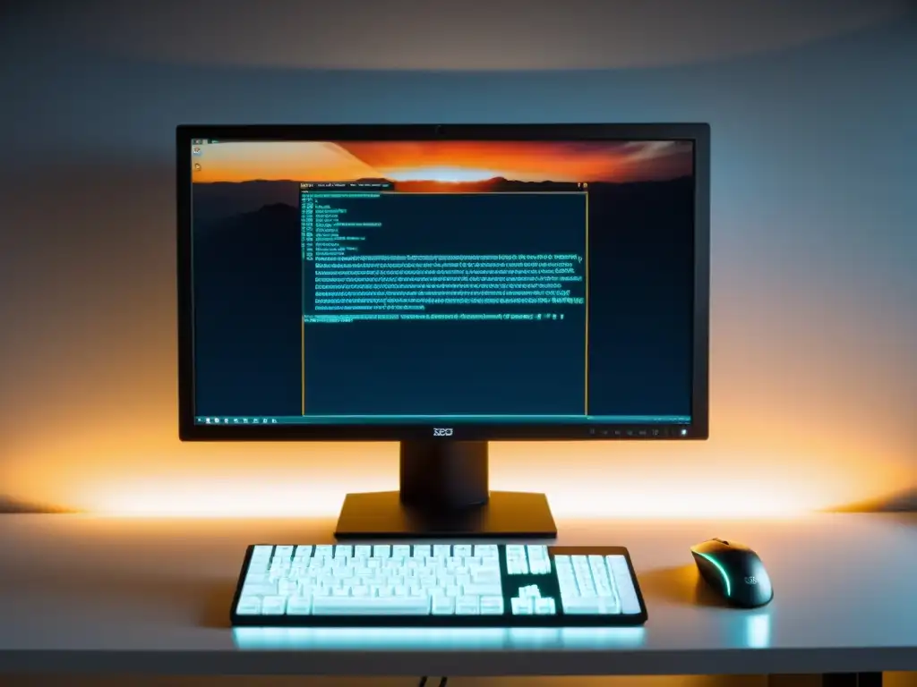 Configuración de Firewall BSD: Detalles en Alta Resolución Una fotografía detallada de un monitor de computadora mostrando la interfaz de línea de comandos de un sistema BSD, con un archivo de configuración de cortafuegos abierto y líneas de código visibles