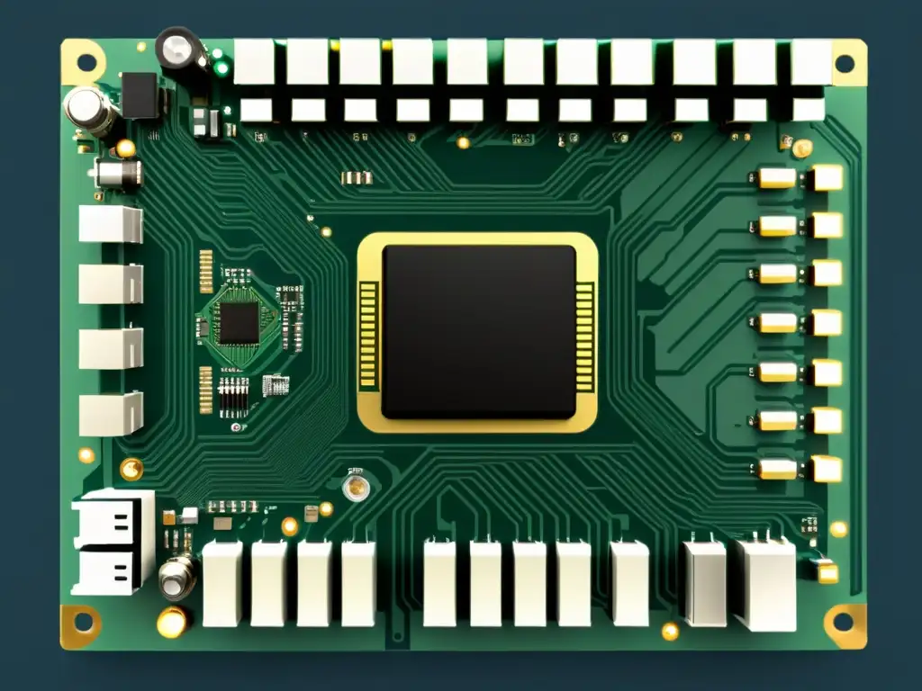 Detallada placa base para sistemas BSD, con circuitos intrincados y componentes precisos en una paleta monocromática