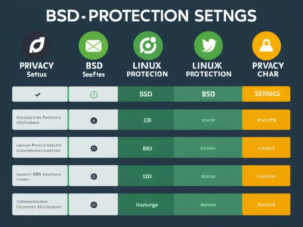 Comparación detallada de privacidad entre BSD y Linux, destacando protección de datos, métodos de encriptación y permisos del sistema