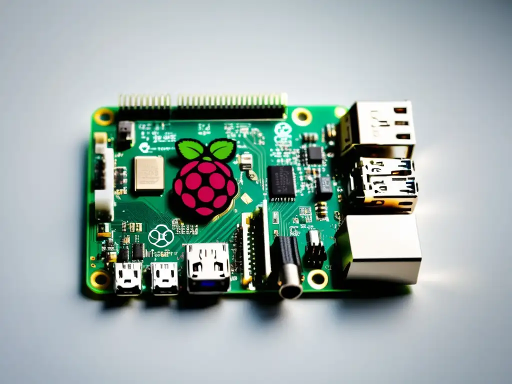 Una fotografía detallada de alta resolución de una Raspberry Pi 4 en un escritorio blanco minimalista