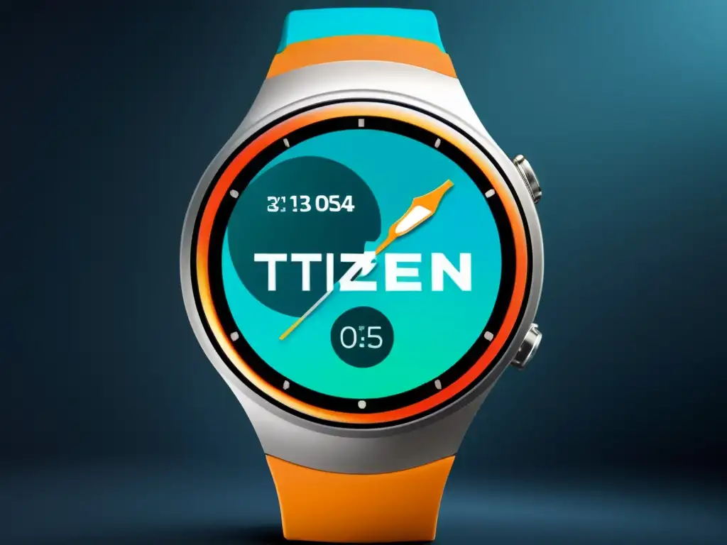 Detallado smartwatch con Tizen OS, pantalla vibrante, diseño metálico y múltiples caras de reloj personalizables, sobre fondo minimalista futurista