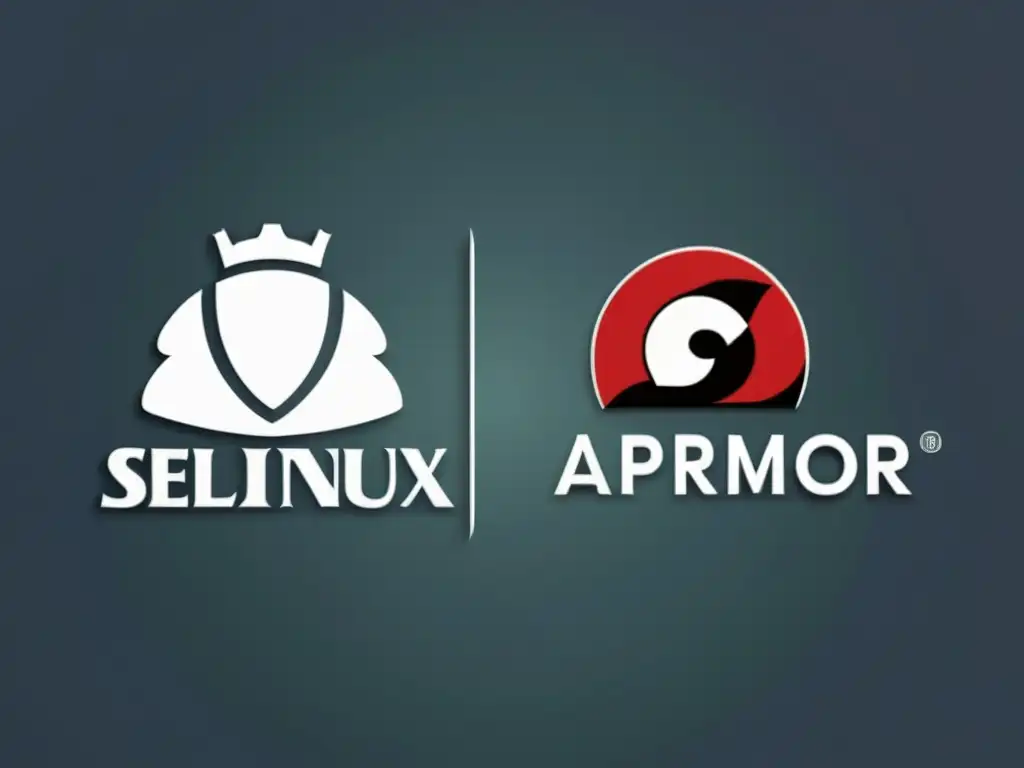 Detallados logotipos de SELinux y AppArmor, Guardianes del sistema Linux, destacan sobre fondo minimalista con iluminación sutil