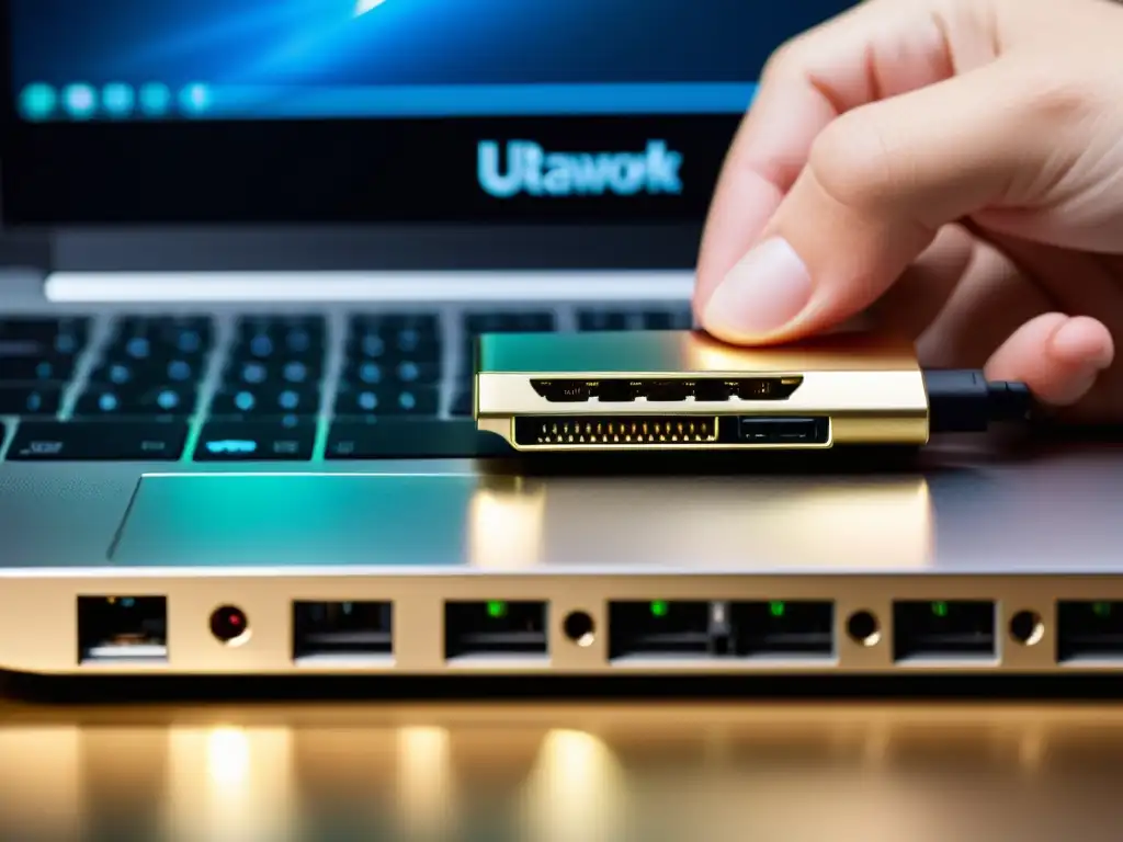 Conexión perfecta: Adaptador de red USB en laptop Detalle de un adaptador de red para sistemas alternativos conectado a un puerto USB de laptop, con un diseño moderno y conectores metálicos