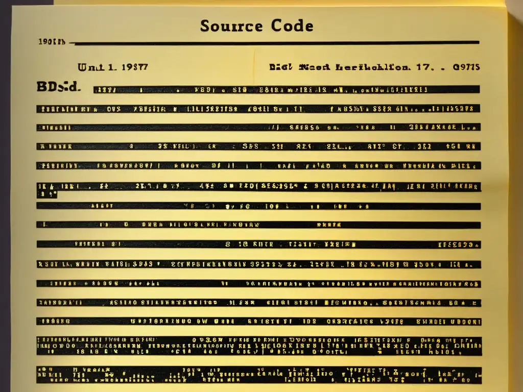 Detalle del código fuente original de 1977 de BSD UNIX en papel amarillento, con anotaciones manuscritas, resaltando los orígenes y evolución de BSD