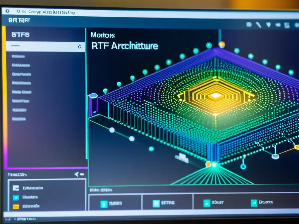 Detalle colorido y complejo de la visualización del sistema de archivos Btrfs en Linux en un monitor, representando su avanzada tecnología