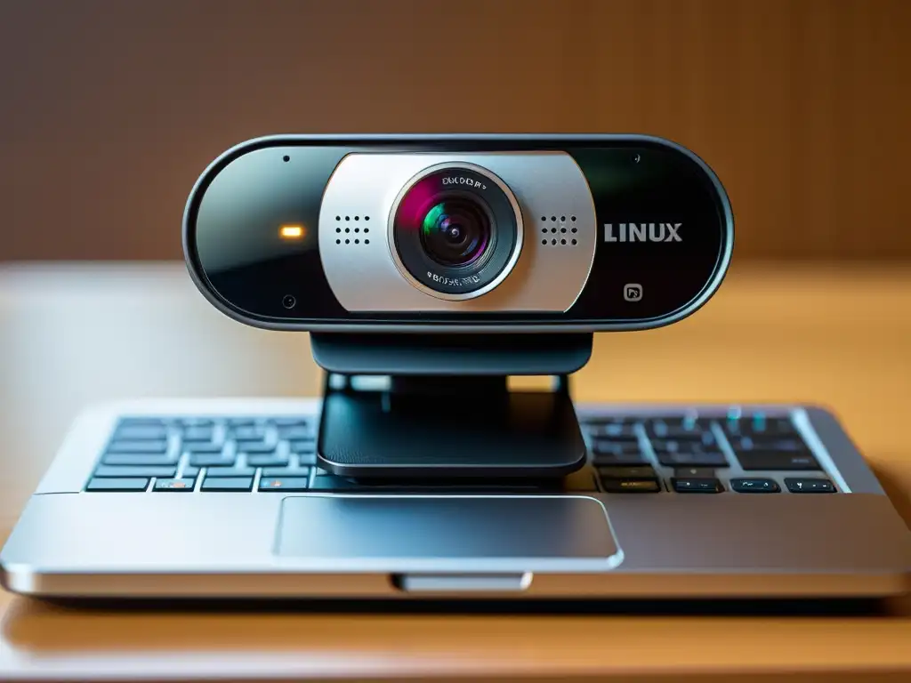 Detalle de webcam y laptop Linux, mostrando compatibilidad en videoconferencias