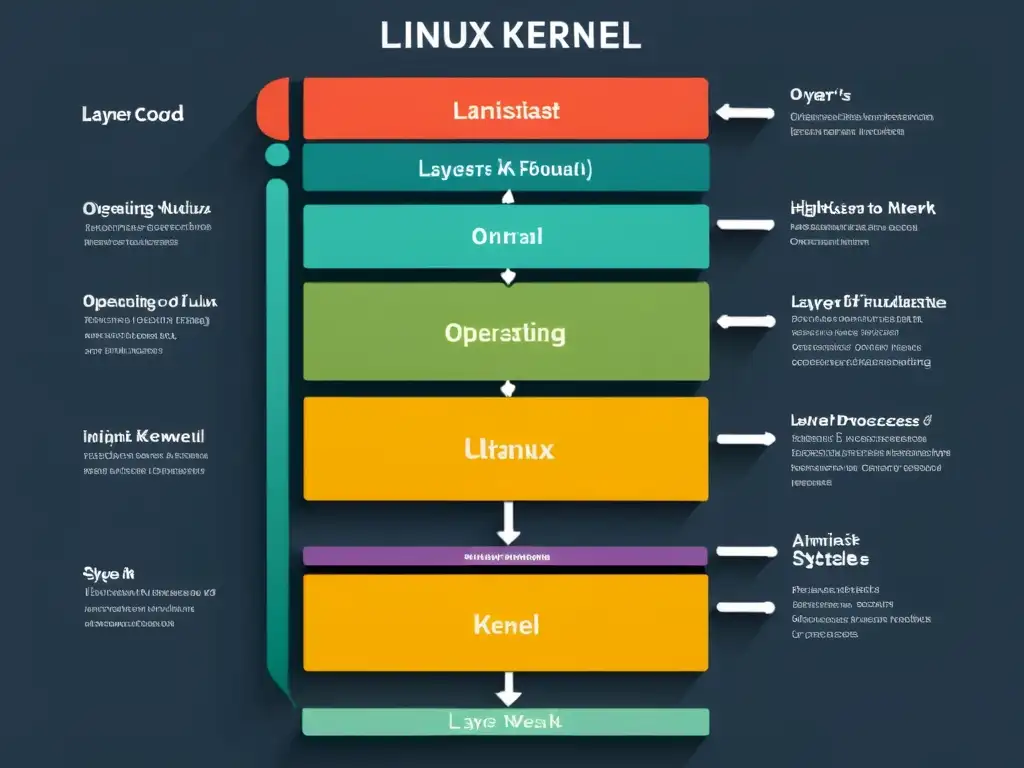 Detalle de la compleja estructura del kernel de Linux, con capas y componentes claramente etiquetados y codificados por colores