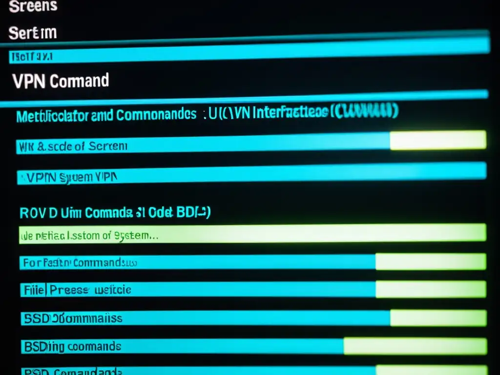 Detalle de la configuración de VPN en interfaz de comandos para mejores prácticas VPN en Linux y BSD, mostrando precisión y profesionalismo