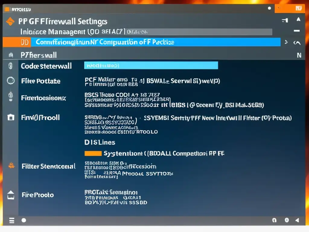 Detalle de la configuración de PF en un sistema BSD, mostrando líneas de código, diagramas de red y protocolos de seguridad