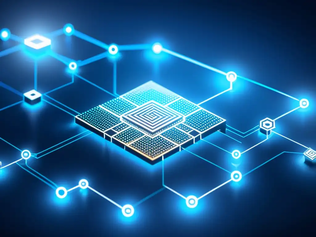 Detalle de diagrama de red blockchain con bloques interconectados y datos encriptados, mostrado en interfaz minimalista futurista