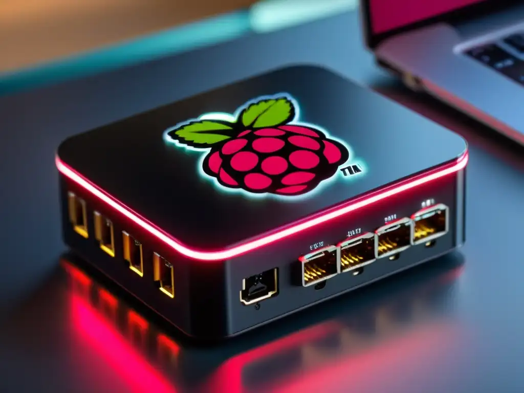 Detalle del Raspberry Pi 4 Mini PC con un diseño elegante y componentes precisos