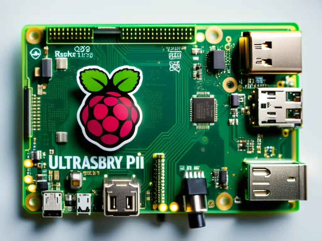 Detalle de Raspberry Pi con dispositivos IoT, circuitos y componentes