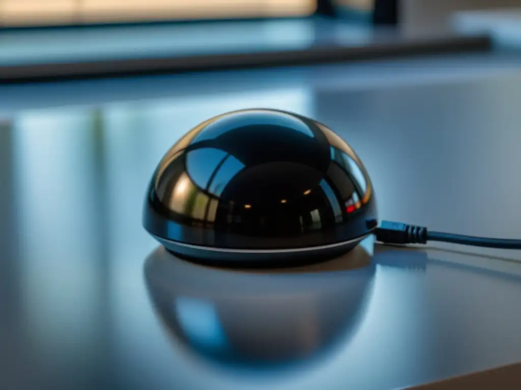 Detalle de un elegante trackball negro sobre un escritorio blanco, iluminado por luz natural