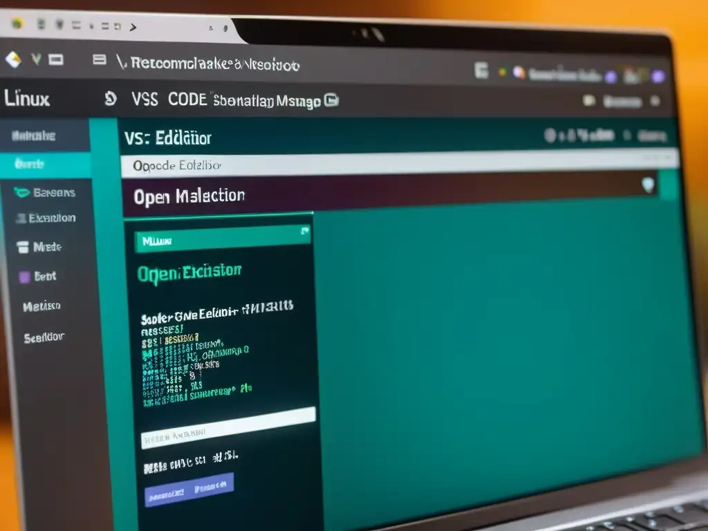 Detalle del escritorio de Linux con VS Code abierto, mostrando la instalación y gestión de las mejores extensiones para VS Code en Linux