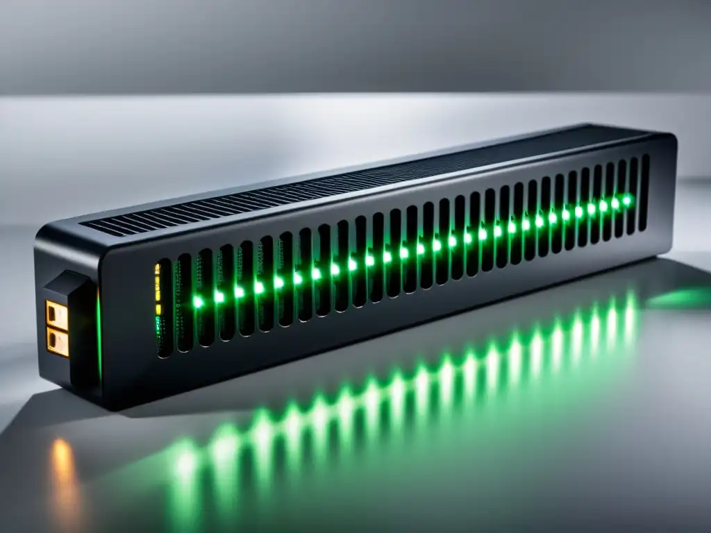 Firewall de hardware negro: diseño preciso y confiable Detalle de un firewall potente hardware especializado en negro sobre fondo blanco, resaltando su diseño minimalista y precisión ingenieril
