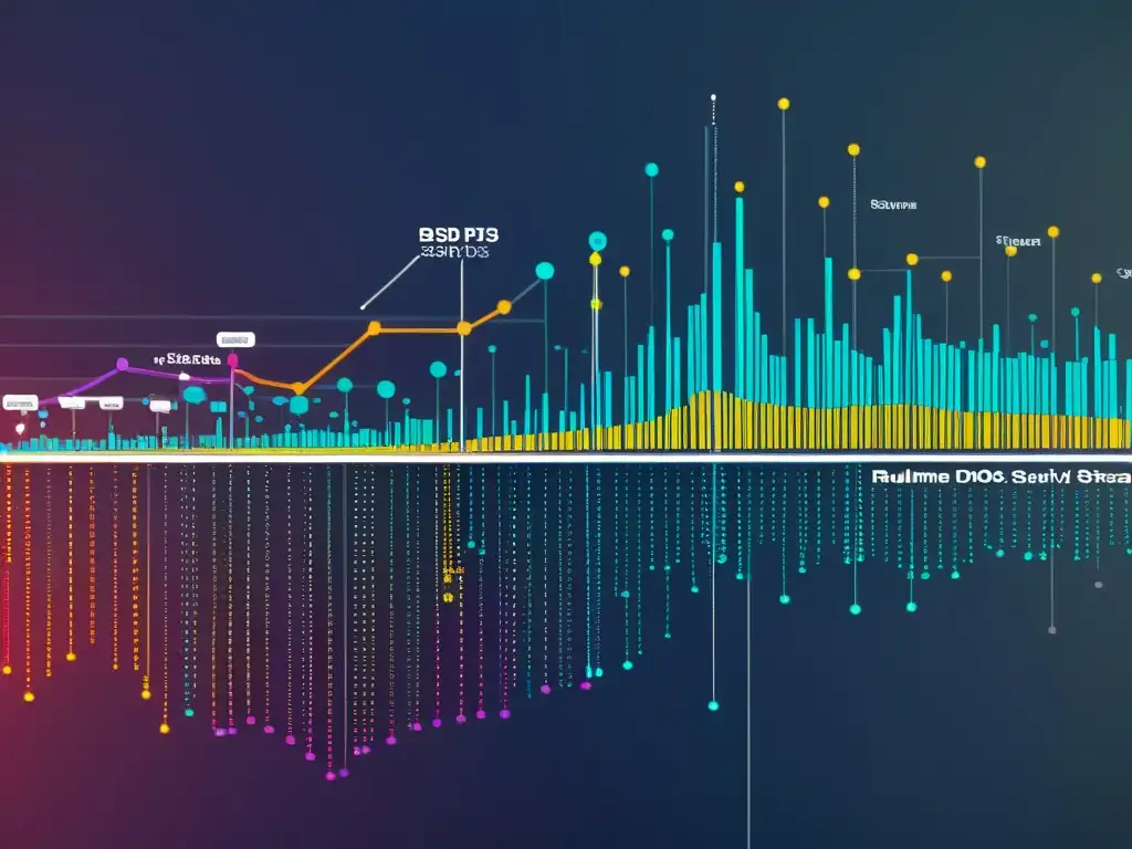 Detalle de gráfico de análisis de tráfico de red en tiempo real en servidores BSD, mostrando protección contra DDoS