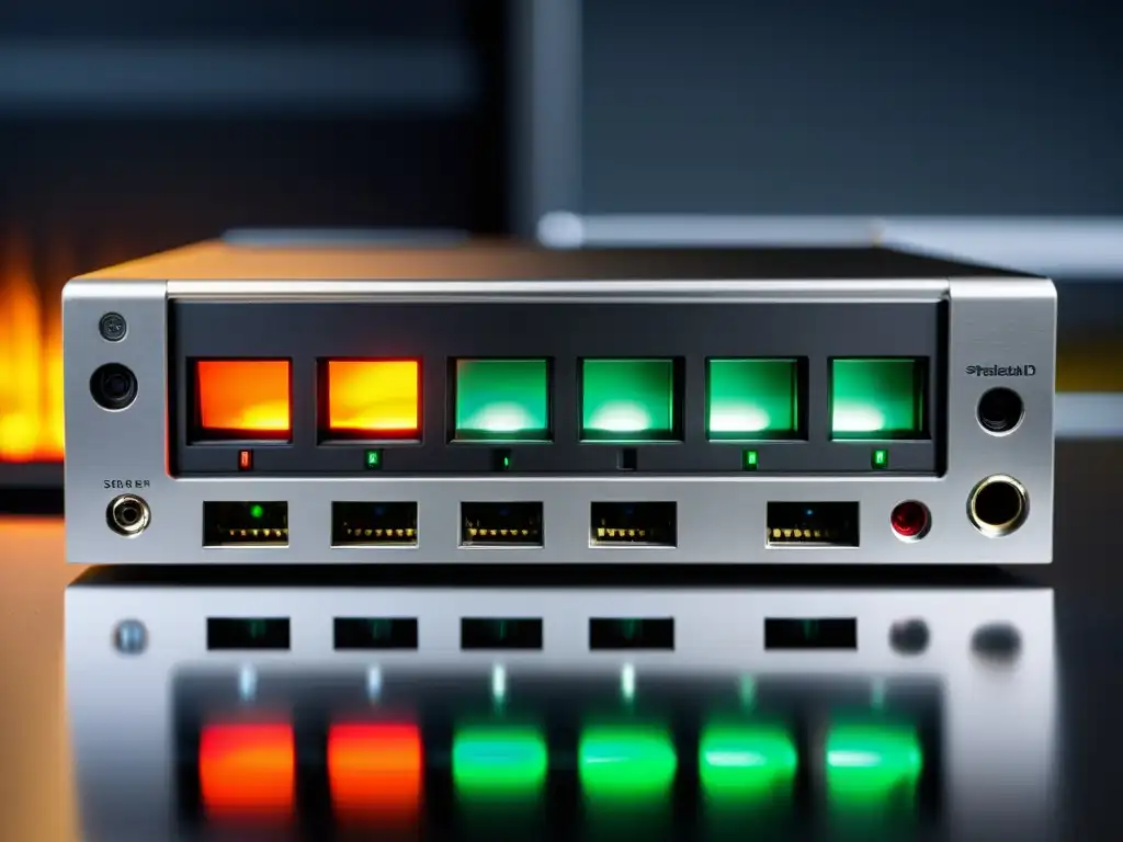 Detalle del firewall de alta tecnología Detalle de hardware especializado de firewall potente, con diseño moderno y profesional, transmitiendo fiabilidad y seguridad de vanguardia