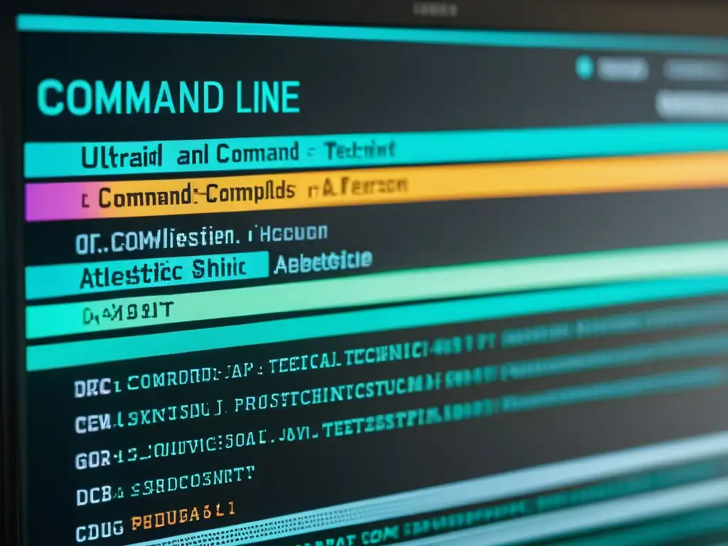 Detalle impactante de la interfaz de línea de comandos, con comandos complejos y coloridos