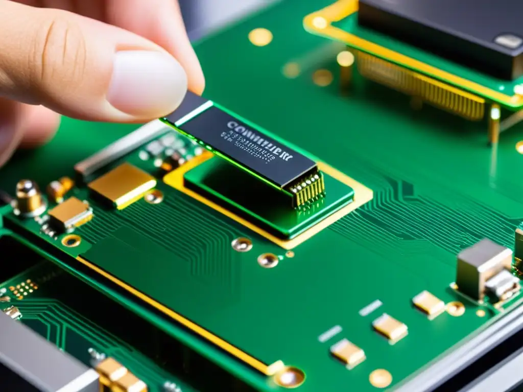 Conexión perfecta: Adaptador de red insertado en placa madre Detalle impresionante de un adaptador de red siendo insertado en una placa base, mostrando la integración perfecta de hardware
