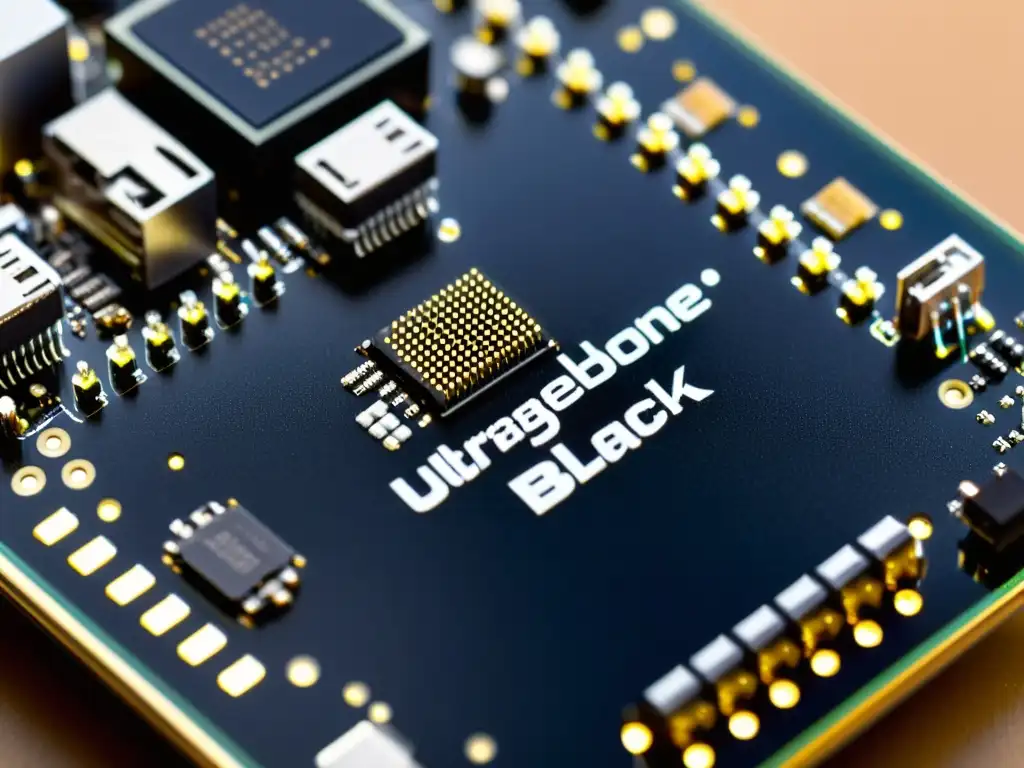 Detalle impresionante de la placa microcontroladora BeagleBone Black, con circuitos intricados y componentes