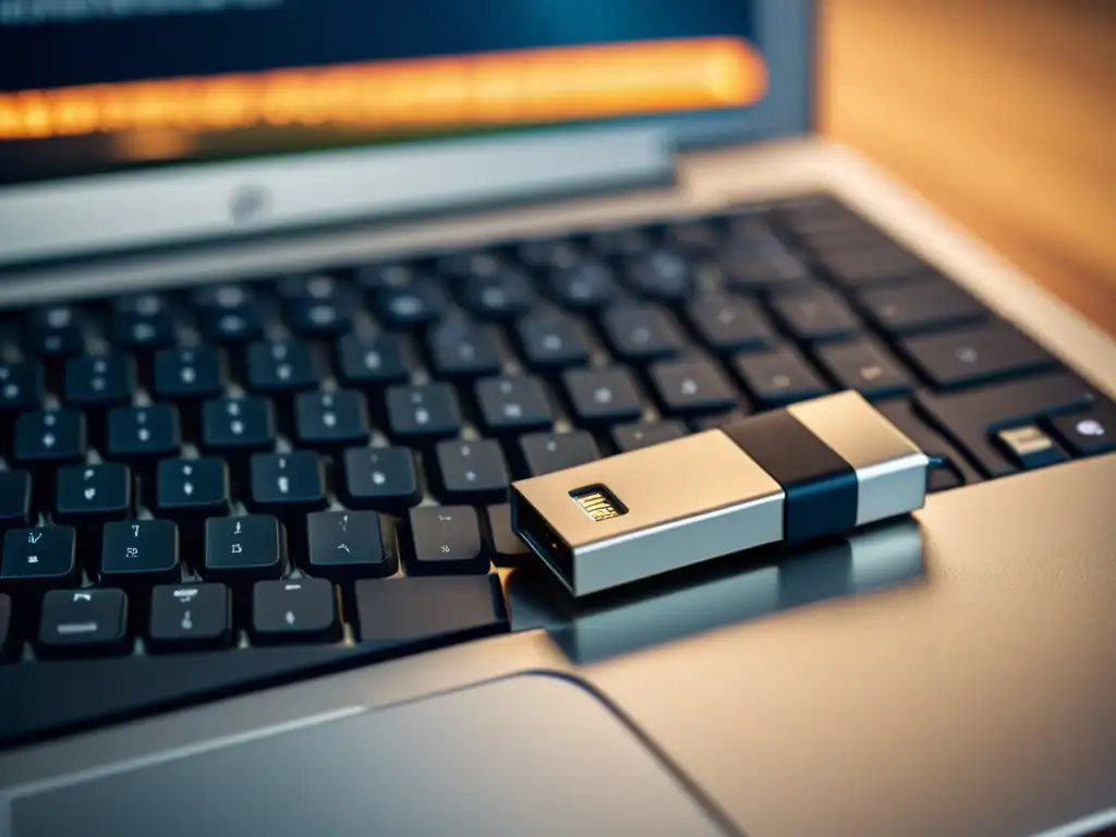 Detalle de conexión: USB booteable Linux insertado en puerto de laptop, destacando diseño y texturas con luz suave