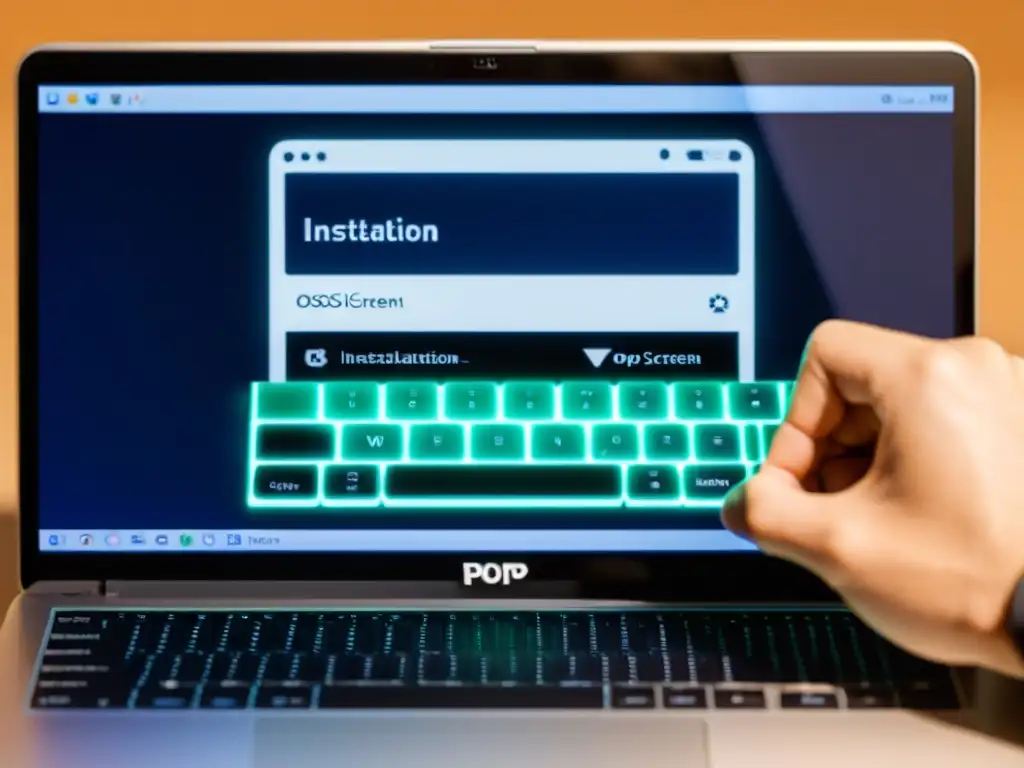 Detalle de la instalación de Pop!_OS para creativos y desarrolladores en pantalla de laptop, con su progreso claramente visible