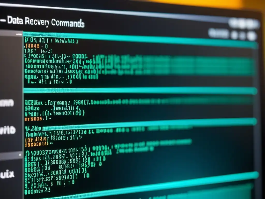 Detalle de la interfaz de línea de comandos en Linux, mostrando la recuperación de datos con comandos detallados