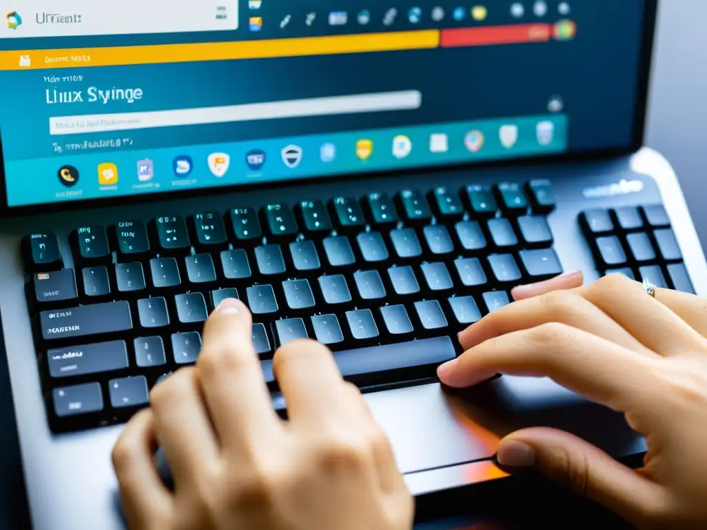Detalle de manos tecleando en teclado con pantalla de Linux personalizado
