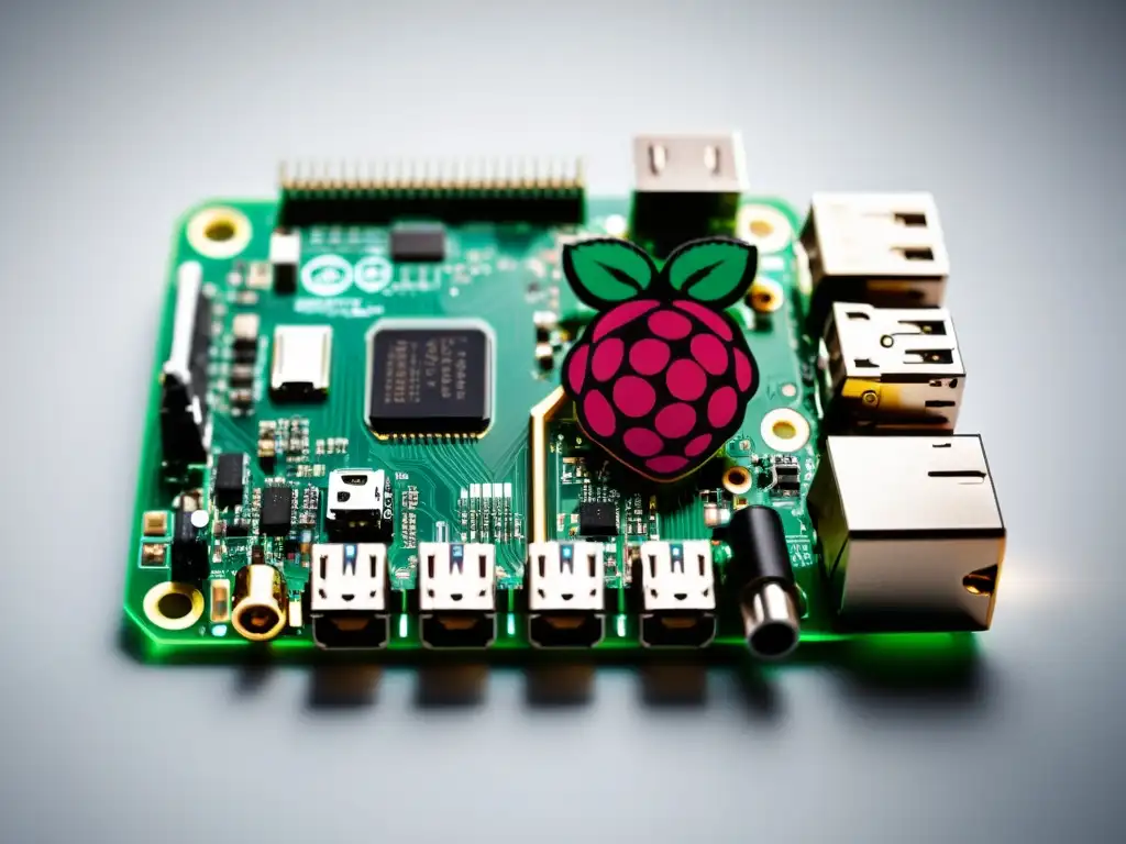 Detalle meticuloso de la placa de circuito de Raspberry Pi en superficie blanca, resaltando su precisión y diseño