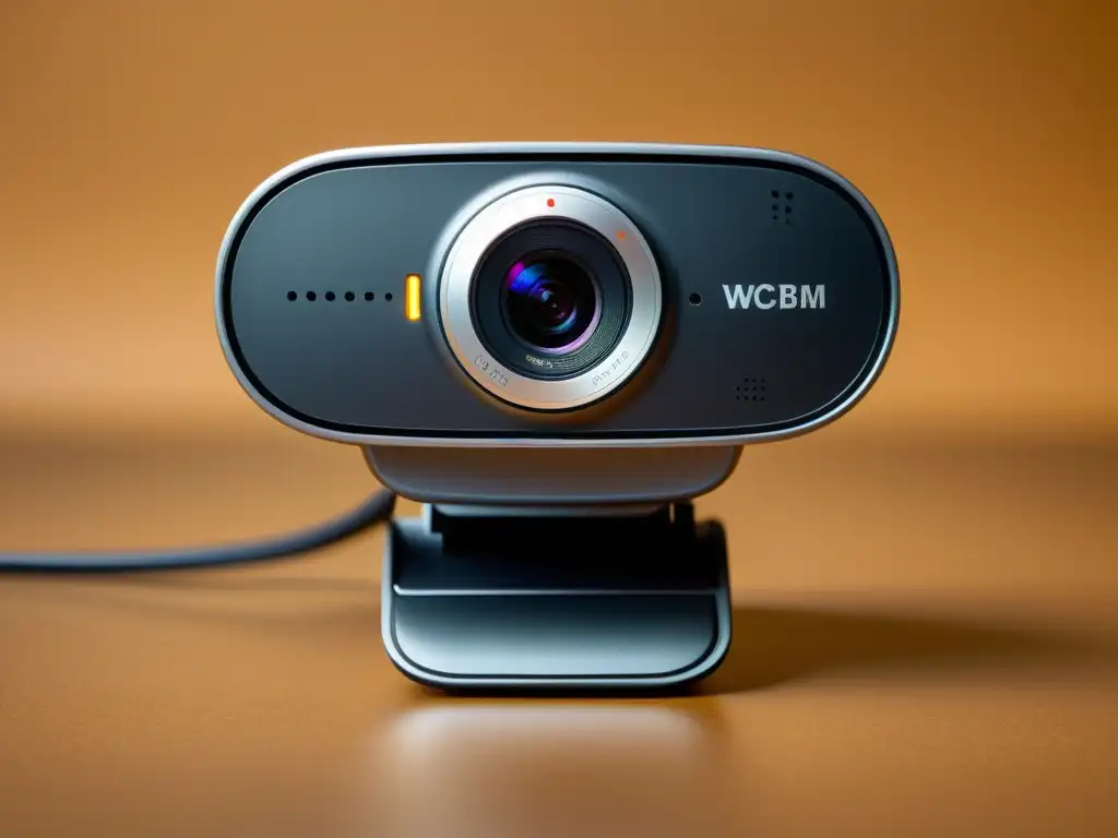 Detalle de webcam moderna para videoconferencias Linux, con diseño minimalista y funcional