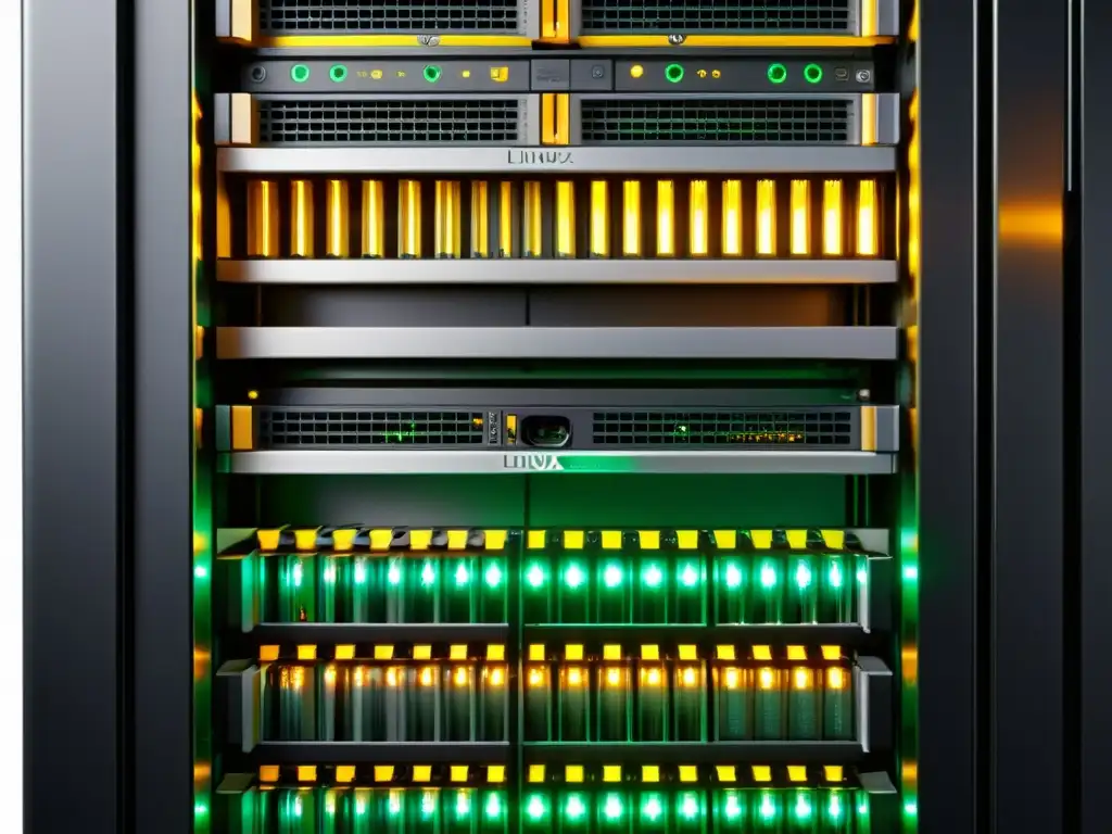 Detalle de un moderno rack de servidores Linux con blindaje de seguridad, mostrando la compleja red de cables y luces parpadeantes de los servidores