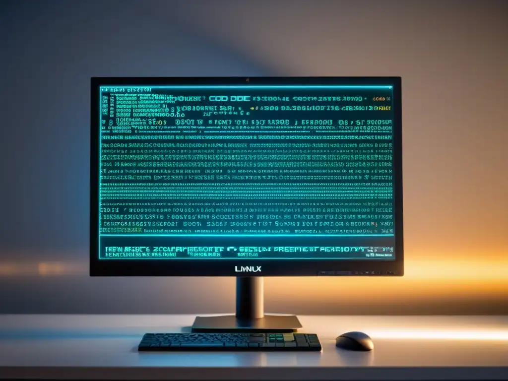 Detalle de monitor con código de seguridad Linux, en un entorno moderno y minimalista