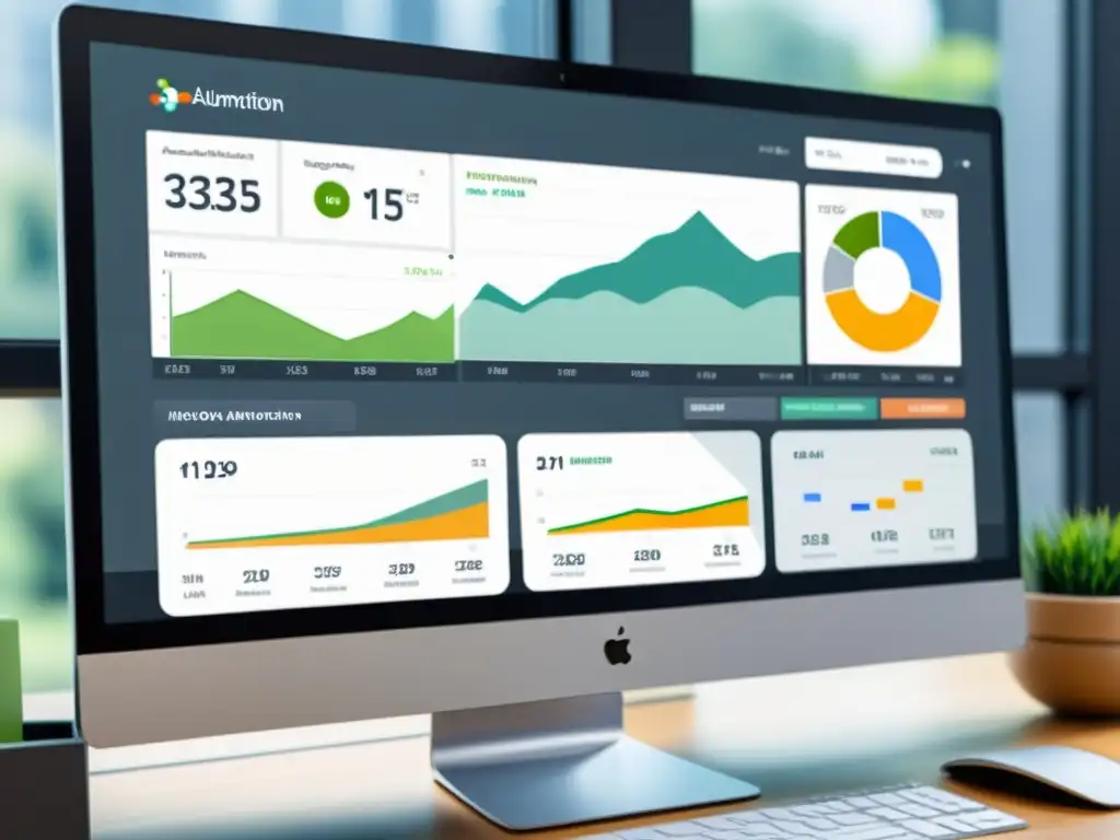 Panel de automatización de marketing: integración y eficiencia Detalle del monitor con elegante dashboard de automatización de marketing, integrando sistemas alternativos