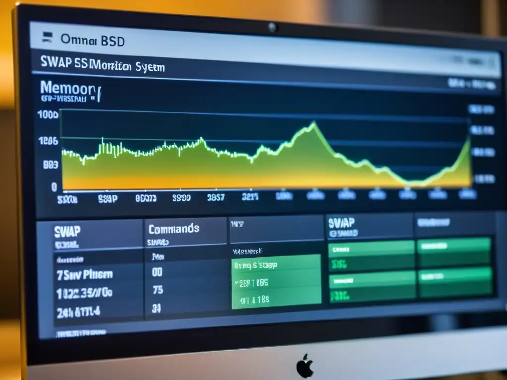 Detalle de monitor mostrando métricas de rendimiento del sistema y optimización del espacio de intercambio en BSD, con gráficos y comandos de terminal