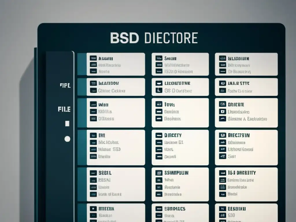 Detalle nítido de la estructura de directorios y archivos del sistema BSD, reflejando claridad y simplicidad