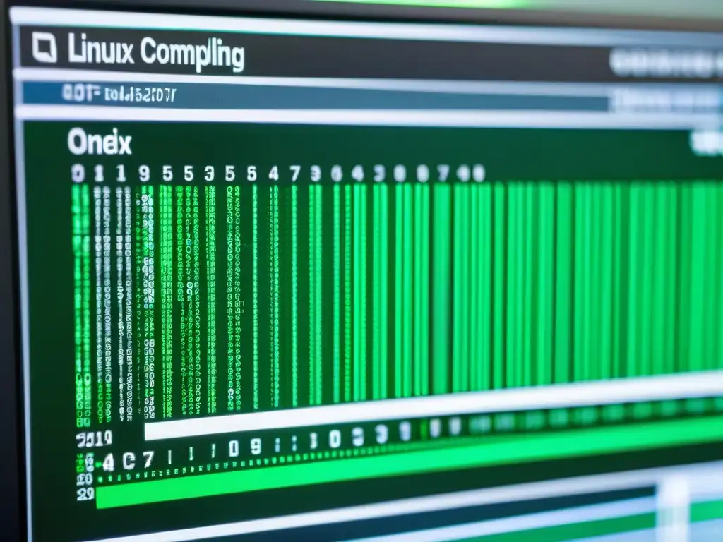 Detalle nítido de monitor con código verde y blanco de compilación personalizada kernel Linux en escritorio moderno, atmósfera profesional