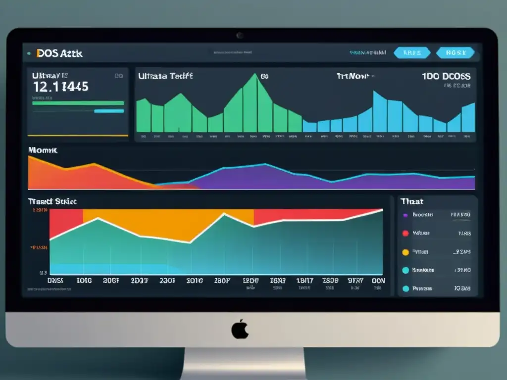 Detalle del panel de control de tráfico de red en tiempo real con gráficos de colores, enfocando en la protección DDoS servidores BSD