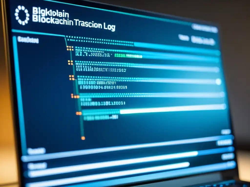 Detalle de pantalla de blockchain en sistema operativo alternativo, ambiente tecnológico sofisticado y minimalista