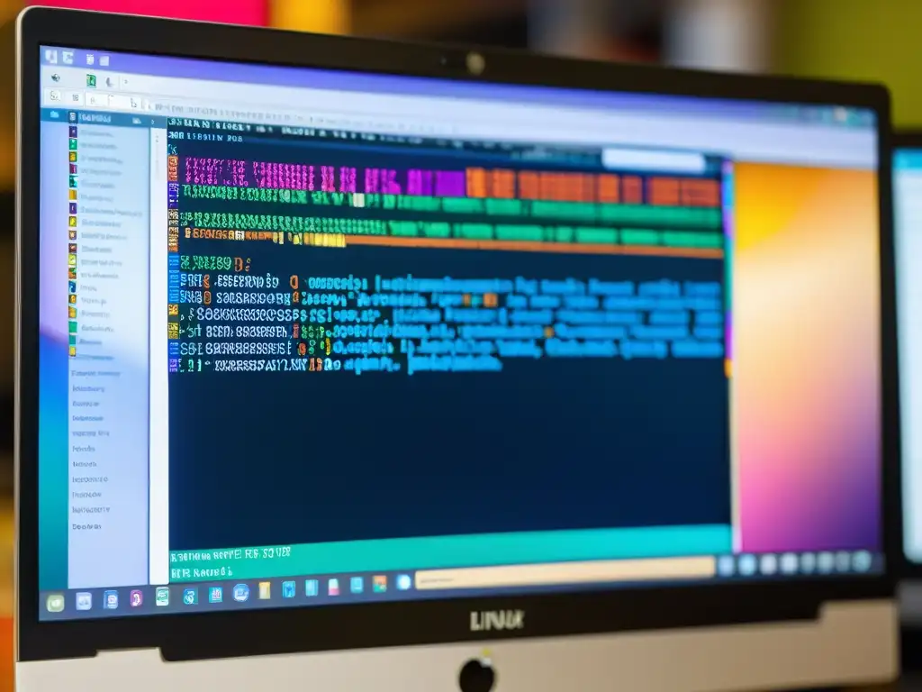Detalle de pantalla con código y gráficos coloridos, reflejando la personalización de Linux