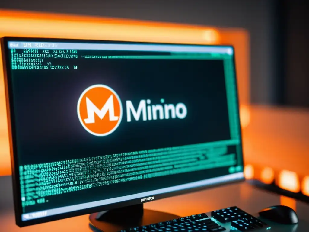 Detalle de pantalla de computadora mostrando código para configurar sistema BSD minar Monero, con iluminación suave y atmósfera profesional